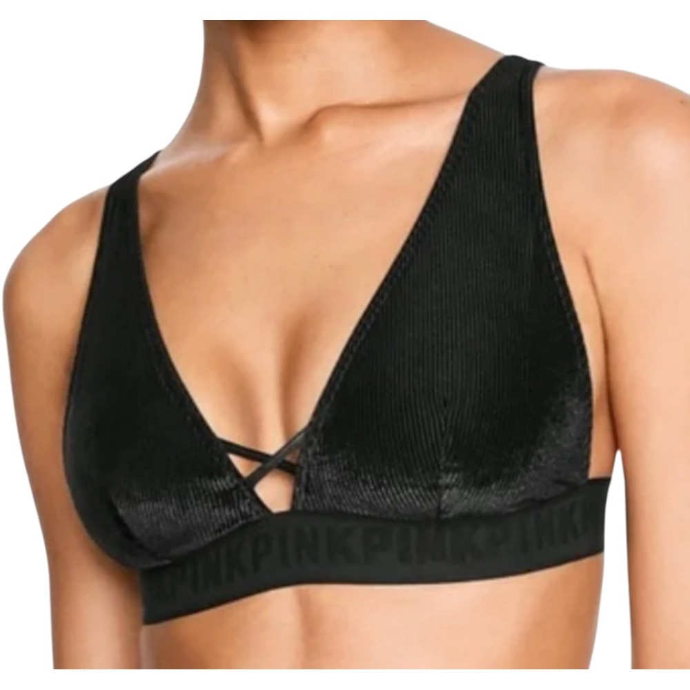 VICTORIA'S SECRET PINK Black Ribbed Velvet BRA BRALETTE Logo Band Criss-Cross L